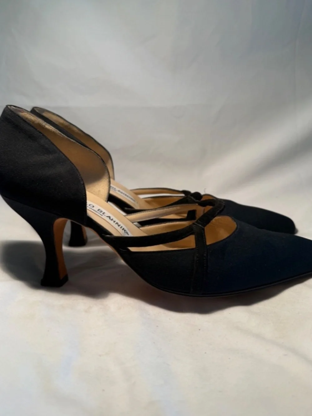 Vintage Manolo Blahnik Black Satin D'Orsay Kitten Heels Size 38.5